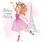 Hand drawn beautiful, lovely, little ballerina girl with flowers on her head and background with eiffel tower.