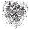 Hand-drawn beautiful roses in linear style with sacred geometry and stars. Tattoo art. Graphic vintage composition. Vector art.