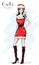 Hand drawn beautiful santa woman. Stylish woman in santa red hat and red dress. Fashion lady. Sketch.