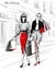 Hand drawn beautiful two young women with shopping bags. Fashion woman in red skirt. Women on street background.