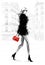 Hand drawn beautiful young woman with bag. Fashion look. Stylish girl walking with Paris street background.