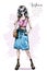 Hand drawn beautiful young woman with bag. Stylish girl in jeans skirt. Fashion woman look.