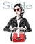 Hand drawn beautiful young woman in black leather jacket. Stylish elegant girl with red bag. Fashion woman look. Sketch.