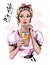 Hand drawn beautiful young woman with drink. Stylish pin-up girl with head accessory. Fashion woman look. Sketch.