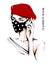 Hand drawn beautiful young woman in ear loop face mask. Stylish girl in red cap. Woman wearing medical mask. Fashion mask. Sketch.