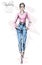 Hand drawn beautiful young woman in fashion clothes. Stylish girl walking. Fashion woman look. Sketch.