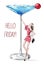 Hand drawn beautiful young woman holding large martini glass. Fashion woman in pink dress. Woman party. Friday celebration.