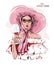 Hand drawn beautiful young woman in pink hat. Fashion woman with glass of wine. Stylish girl in sunglasses. Sketch.