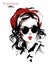 Hand drawn beautiful young woman in red beret. Stylish girl in sunglasses. Fashion woman look. Sketch.
