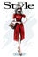 Hand drawn beautiful young woman in red dress. Stylish elegant girl with bag. Fashion woman outfit.