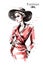 Hand drawn beautiful young woman in red dress. Stylish elegant girl in hat. Fashion woman portrait.