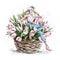 Hand drawn beautiful young woman sitting in flower basket. Fashion woman with bow on her head. Stylish girl.