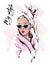 Hand drawn beautiful young woman in sunglasses. Stylish girl with bath towel on her head. Fashion woman look. Sketch.