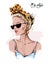 Hand drawn beautiful young woman in sunglasses. Stylish girl in headband with leopard print. Fashion woman look. Sketch.