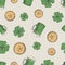 Hand Drawn Beer Mug, Leprechaun Golden Coins and Green Lucky Shamrock Vector Seamless Background Pattern. Saint Patrick