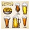 hand drawn beer with snack isolated on grunge backdrop. various types of beer glasses set in vintage style. Beer mugs with liquid