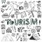 Hand drawn big set. Summer holiday - camping and sea vacation. Travel icons vector collection. Doodle tourism lettering