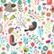 Hand-drawn birds and flowers seamless pattern