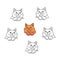 Hand drawn black vector illustration of group of beautiful fat adult young cats and one red cat isolated on a white