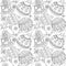 Hand drawn black and white seamless pattern Christmas snowflakes, balls and house.