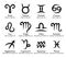 Hand drawn black zodiac signs with names set. Astrological zodiac symbols.