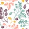 Hand drawn blackberries vector  backdrop in color.  Wild berries seamless pattern. Hand drawing. Vintage forest berry sketch.