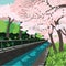 Hand drawn blooming sakura alley vector poster