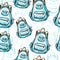 Hand drawn blue backpack seamless pattern.