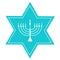 Hand Drawn Blue David Star White Menorah Candle Holder Silhouette. Jewish Hanukkah Holiday Greeting Card Poster Invitation Icon