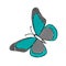Hand-drawn blue and gray vector illustration of one scribble butterfly is flying on a white background for embroidery