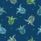 Hand drawn blue and green little turtles with white dots on blue background. Seamless underwater fauna pattern.