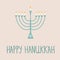 Hand Drawn Blue Menorah Candle Holder Silhouette Golden Flame Lights on Beige Background.White David Star.Happy Hanukkah Lettering