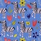 Hand drawn blue seamless background with zebras and flowers.