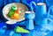 Hand-drawn blue still life with coffee pot