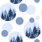 Hand drawn blue winter mountain forest seamless pattern in circles. Wood woodland landscape scenery wild camping hiking