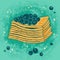 Hand drawn blueberry piece of pancake cake on the green background. Doodle illustration for menu design  postcard  invitation