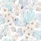 Hand drawn boho seamless pattern watercolor elements of white flowers orÑhid, tropical garden blue twigs, branches, foliage