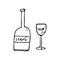 Hand drawn bottle and glass doodle icon. Hand drawn black sketch