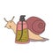 Hand drawn bottle of serum with snail mucin and snail on background, isolated vector doodle illustration