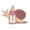 Hand drawn bottle of serum with snail mucin and snail on background, isolated vector doodle illustration