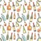 Hand Drawn Bottles Seamless Pattern. Wine, Cognac Bottle Background