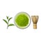 Hand drawn bowl of matcha powder, bamboo whisk and green tea leaf