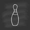 Hand drawn bowling pin on chalkboard. White outline on black background. Cute element in doodle style for card, social media