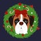 Hand drawn boxer dog with Christmas wreath isolated on blue background.  Cartoon Xmas dog puppy. Great for holidays, Christmas