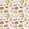 Hand Drawn Breakfast Seamless Pattern with Pancakes, Fruits and Milk. Healthy Food Background