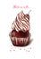 Hand-drawn bright realistic illustration of appetizing chocolate cupcake. Valentine Gift postcard.