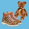 Hand-drawn bright stylized fashion illustration of teddy bear and trendy shoes