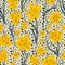 Hand drawn bright yellow daffodil floral on animal print background. Seamless vector pattern