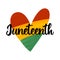 Hand drawn with brush artistic grunge textured heart in colors of Pan African flag - red, yellow, green. Cute Juneteenth