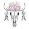 Hand drawn bull head with flower wreath, Boho style.